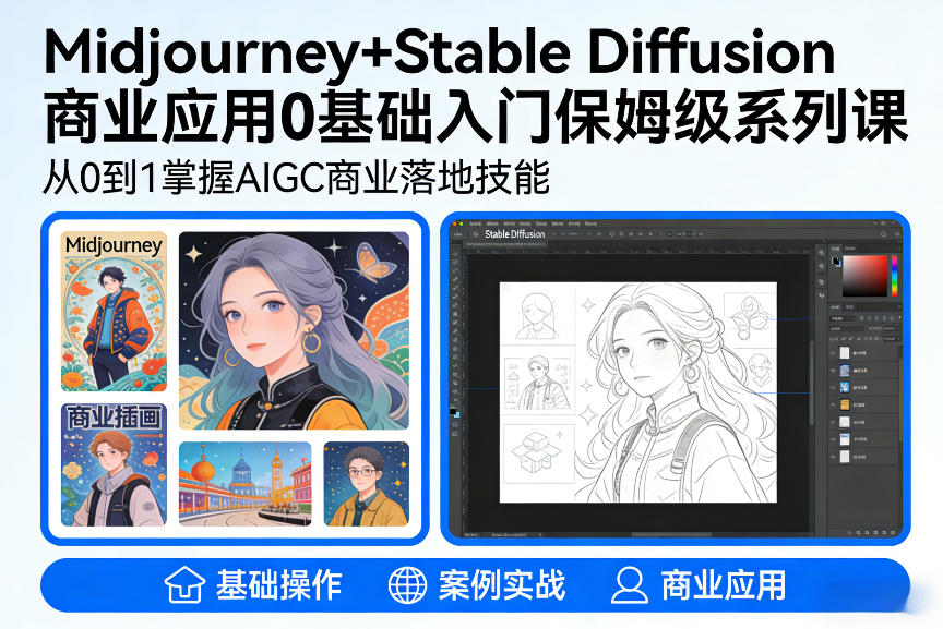 AIGC商业应用Midjourney+Stable Diffusion教程，0基础入门保姆级系列课-副业资源网