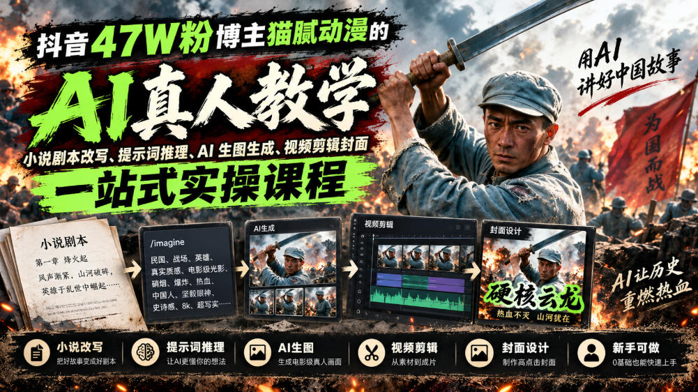 抖音47W粉博主猫腻动漫的AI真人漫剧教学，小说剧本改写、提示词推理、AI生图生成、视频剪辑封面一站式实操课程-副业资源网