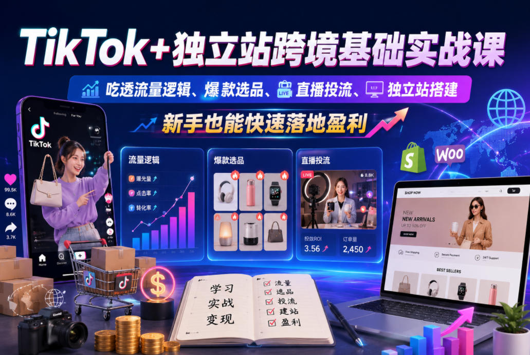 TikTok+独立站跨境基础实战课,吃透流量逻辑、爆款选品、直播投流与独立站搭建,新手也能快速落地盈利-副业资源网