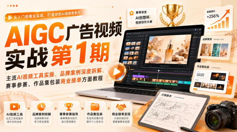 AIGC广告视频实战第1期,主流AI视频工具实操、品牌案例深度拆解、赛事参赛、作品集包装商业接单方面教程-副业资源网