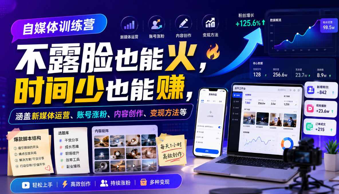 自媒体训练营,不露脸也能火,时间少也能賺,涵盖新媒体运营、账号涨粉、内容创作、变现方法等-副业资源网