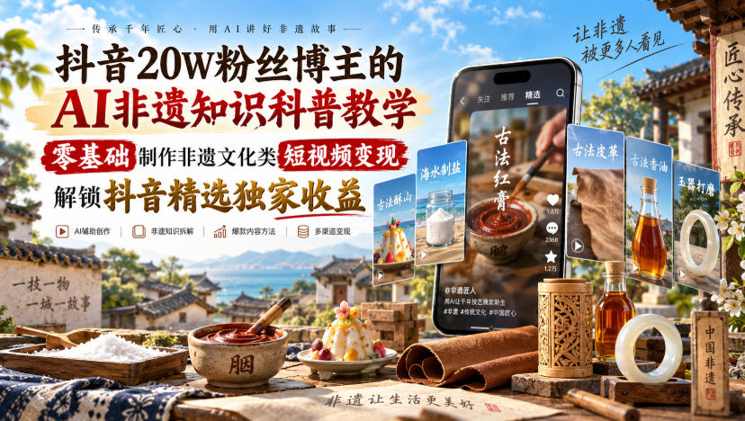 抖音20W粉丝博主的AI非遗知识科普教学，零基础制作非遗文化类短视频变现，解锁抖音精选独家收益-副业资源网