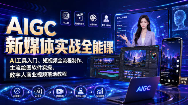 AIGC新媒体实战全能课|AI工具入门、短视频全流程制作、主流绘图软件实操、数字人商业视频落地教程-副业资源网