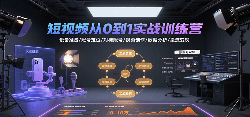 短视频从0到1实战训练营：设备准备/账号定位/对标账号/视频创作/数据分析/投流变现-副业资源网