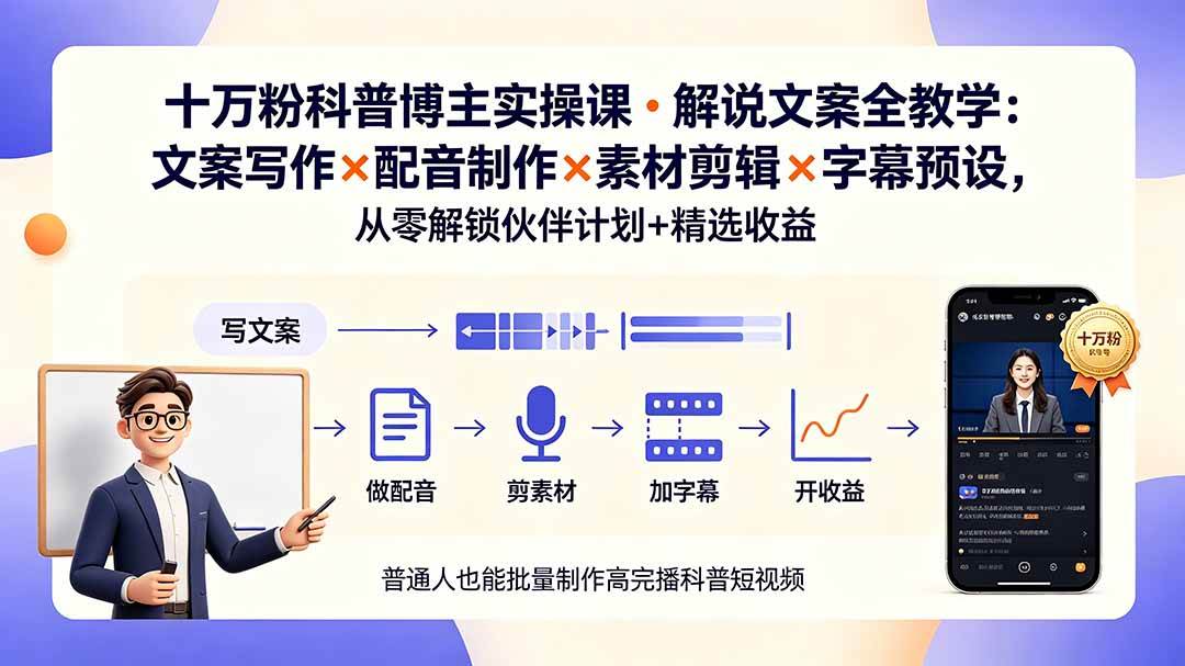 （19275期）10万粉科普博主实操课-解说文案全教学：文案写作×配音制作×素材剪辑×字幕预设，从零解锁伙伴计划+精选收益-副业资源网