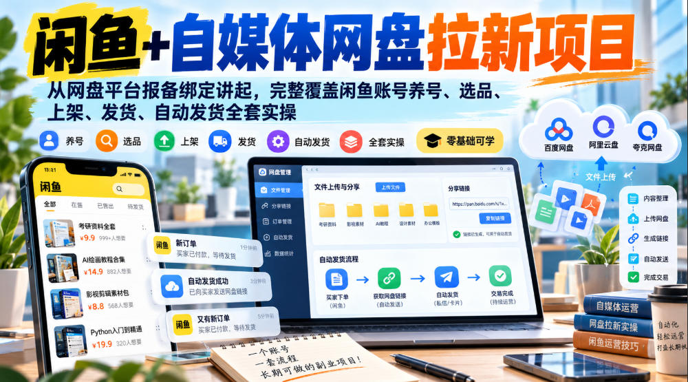 闲鱼+自媒体网盘拉新项目，从网盘平台报备绑定讲起，完整覆盖闲鱼账号养号、选品、上架、发货、自动发货全套实操-副业资源网