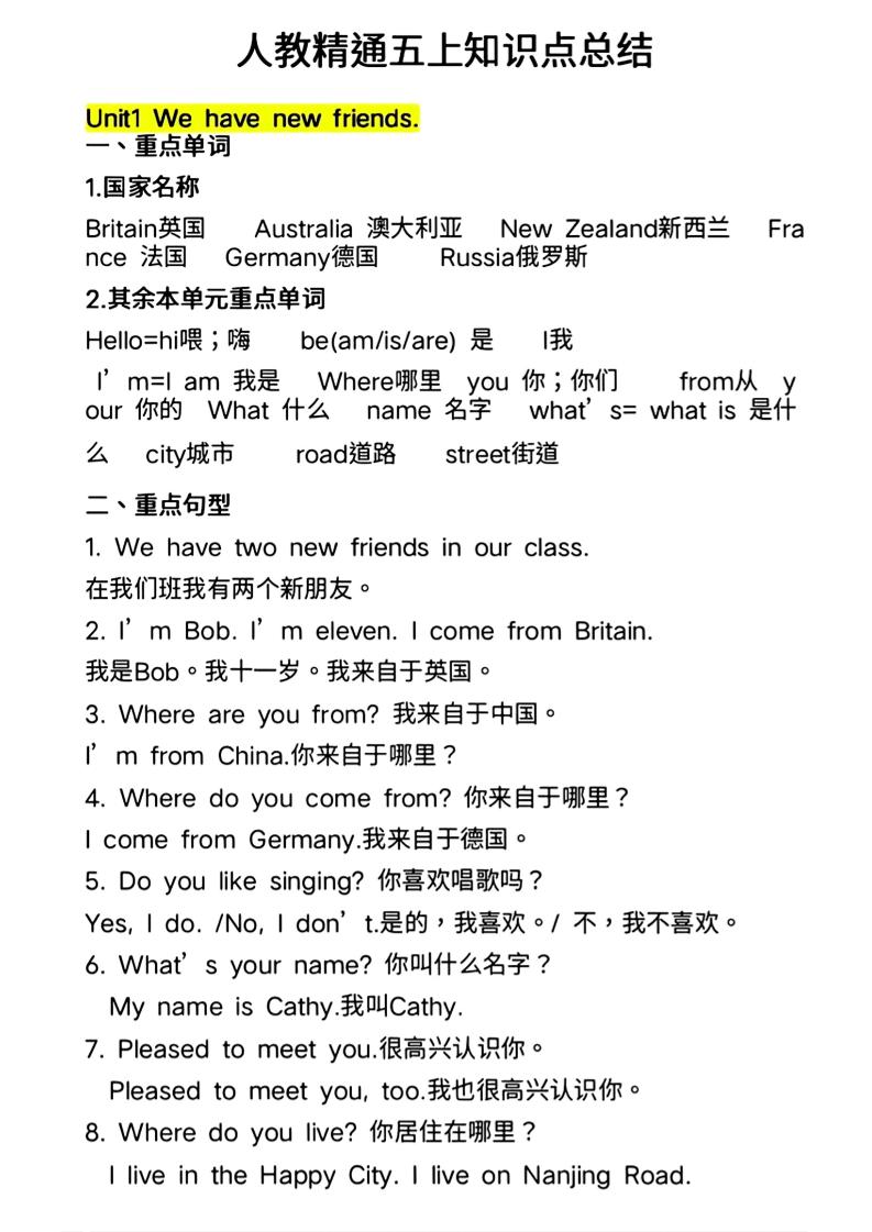 人教精通五上英语知识点总结-副业资源网