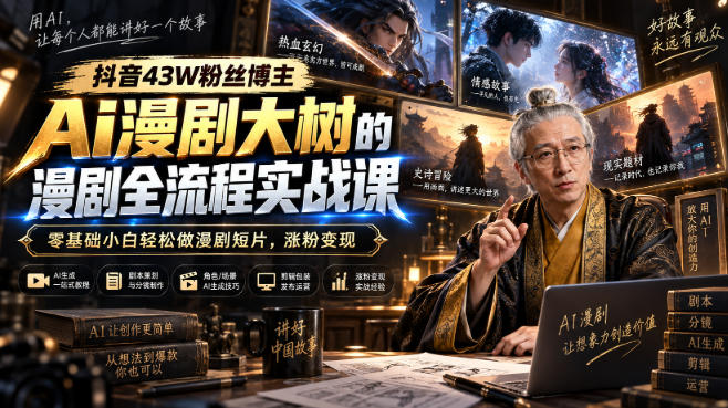 抖音43W粉丝博主Ai漫剧大树的漫剧制作全流程实战课,零基础小白轻松做漫剧短片,涨粉变现-副业资源网