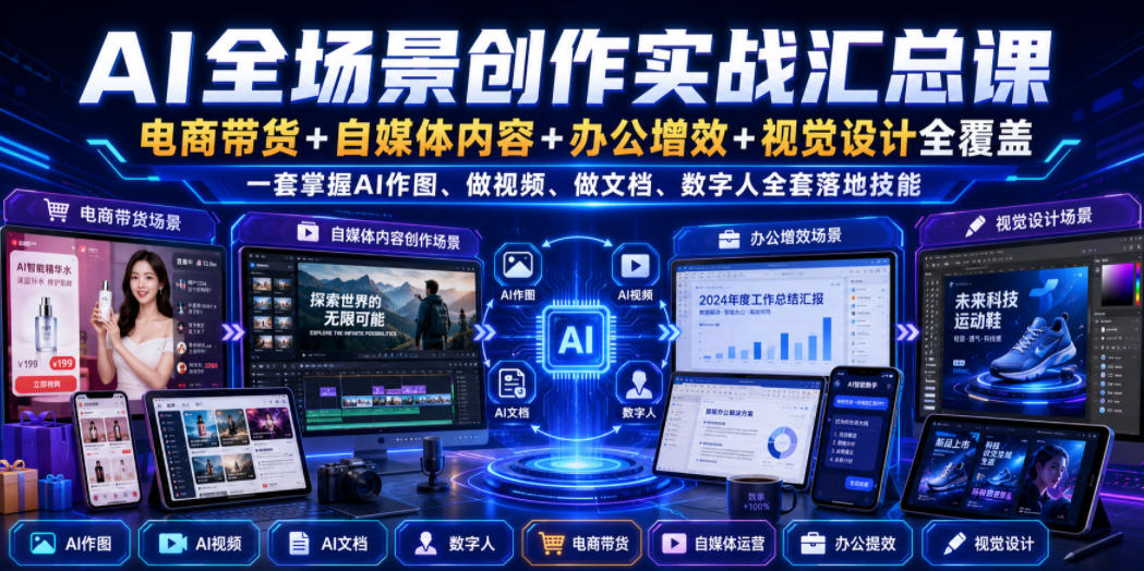 AI全场景创作实战汇总课|电商带货+自媒体内容+办公增效+视觉设计全覆盖,一套掌握AI作图、做视频、做文档、数字人全套落地技能-副业资源网