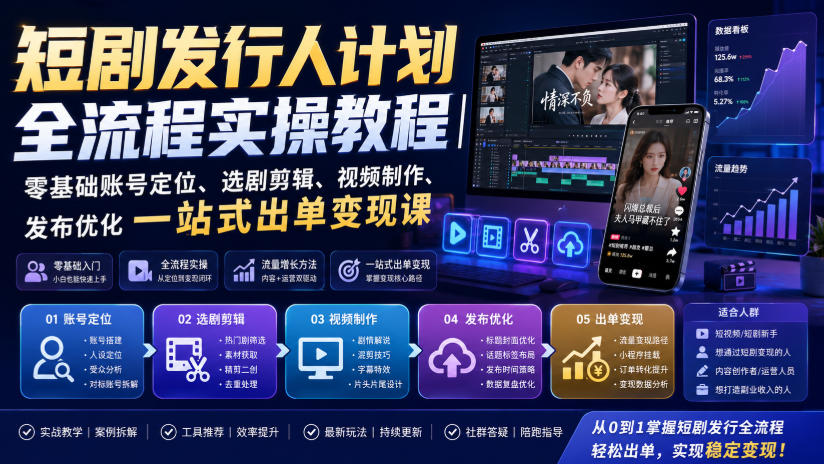 短剧发行人计划全流程实操教程|零基础账号定位、选剧剪辑、视频制作、发布优化一站式出单变现课-副业资源网