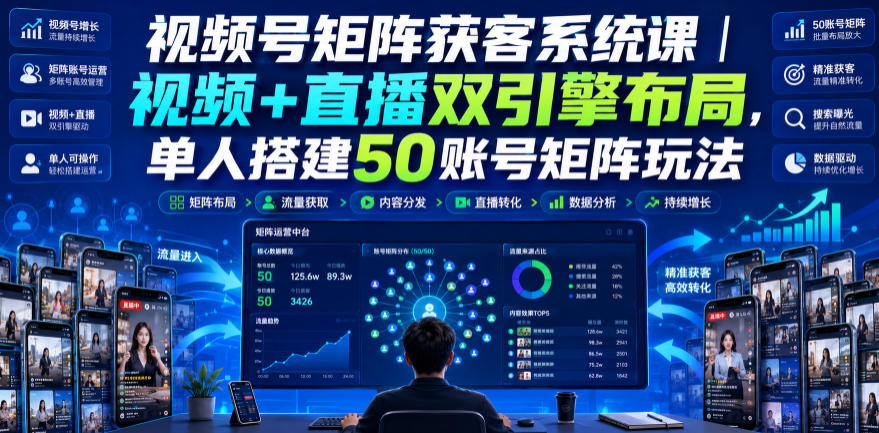 视频号矩阵获客系统课|视频+直播双引擎布局,单人搭建50账号矩阵玩法,流量入池、搜索占位、全域引流沉淀私域全流程教学-副业资源网