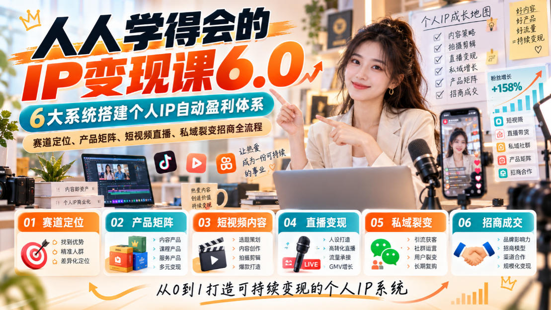 人人学得会的IP变现课6.0，6大系统搭建个人IP自动盈利体系，赛道定位、产品矩阵、短视频直播、私域裂变招商全流程-副业资源网