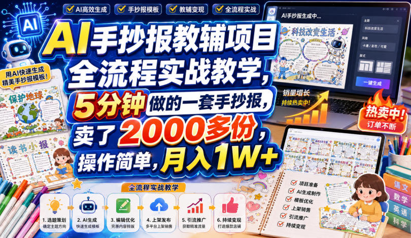AI手抄报教辅项目全流程实战教学,5分钟做的一套手抄报,卖了2000多份,操作简单,月入1W+-副业资源网