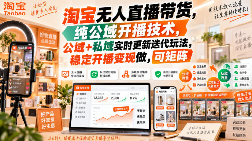 淘宝无人直播带货，纯公域开播技术，公域+私域实时更新迭代玩法，稳定开播变现做，可矩阵【揭秘】-副业资源网