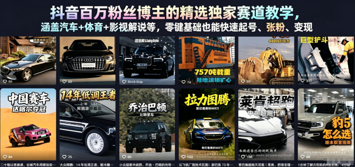 抖音百万粉丝博主的精选独家赛道教学，涵盖汽车+体育+影视解说等，零基础也能快速起号、涨粉、变现-副业资源网