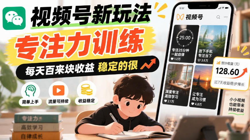 视频号新玩法专注力训练，每天百来块收益稳定的很-副业资源网