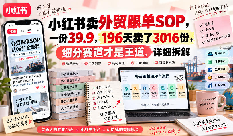 小红书卖外贸跟单sop，一份39.9，196天卖了3016份，细分赛道才是王道，详细拆解-副业资源网