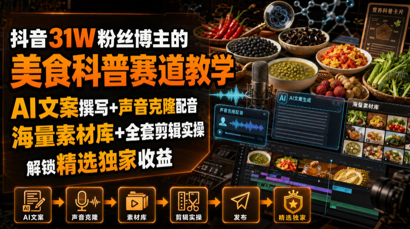 抖音31W粉丝博主的美食科普赛道教学，AI文案撰写+声音克隆配音+剪辑实操，解锁精选独家收益-副业资源网