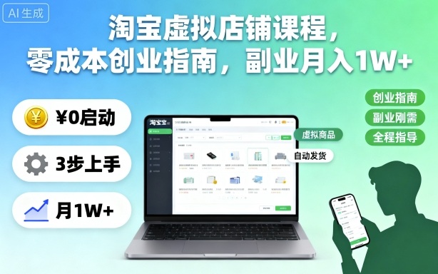 淘宝虚拟店铺课程，零成本创业指南，副业月入1W+-副业资源网