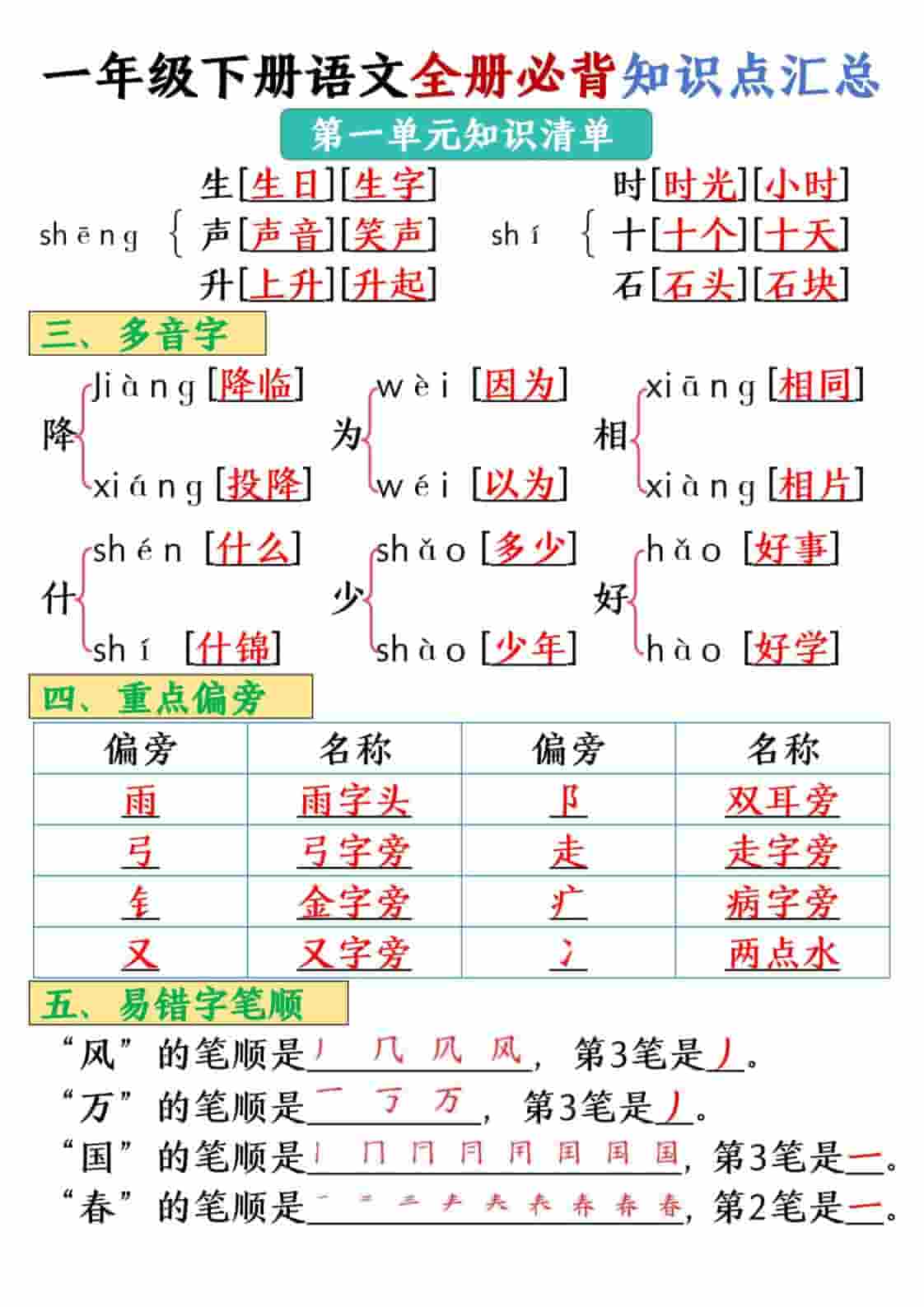 一年级下语文全册必背知识点汇总【共26页】