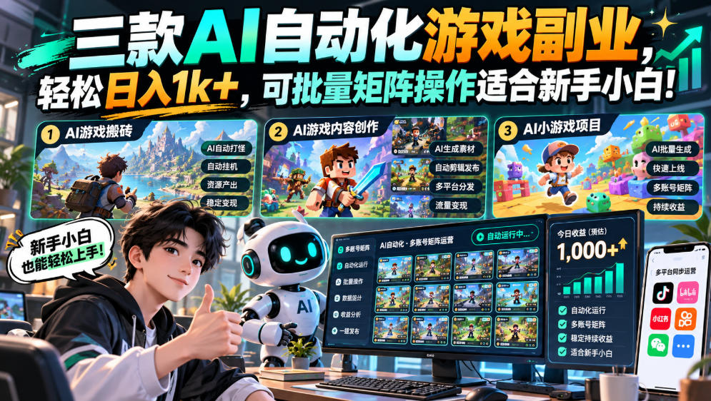 三款AI自动化游戏副业，轻松日入1k+，可批量矩阵操作适合新手小白！【揭秘】-副业资源网
