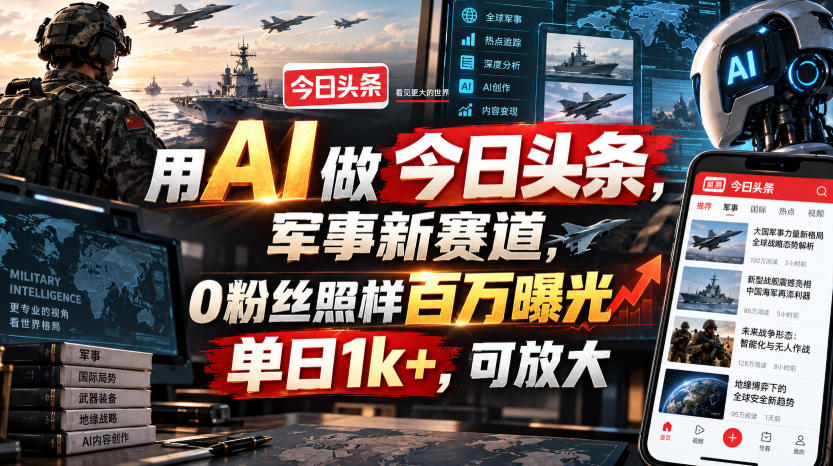用AI做今日头条，军事新赛道，0粉丝照样百万曝光，单日1k+，可放大-副业资源网