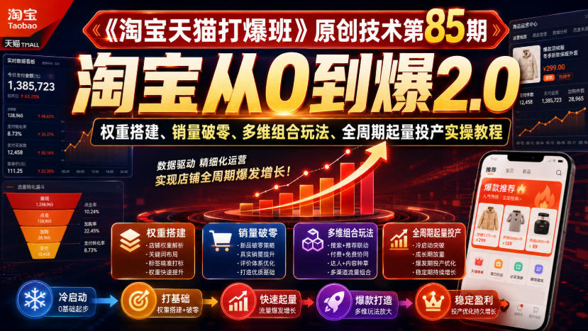 《淘宝天猫打爆班》原创技术第85期，淘宝从0到爆2.0，权重搭建、销量破零、多维组合玩法、全周期起量投产实操教程-副业资源网