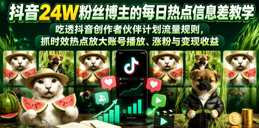 抖音24W粉丝博主的每日热点信息差教学，吃透创作者伙伴计划流量规则，抓时效热点放大账号播放、涨粉与变现收益-副业资源网