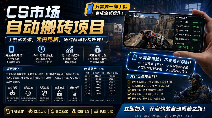 手机即可操作的CS市场自动搬砖系统｜自动监控｜自动下单|日入300+【揭秘】-副业资源网