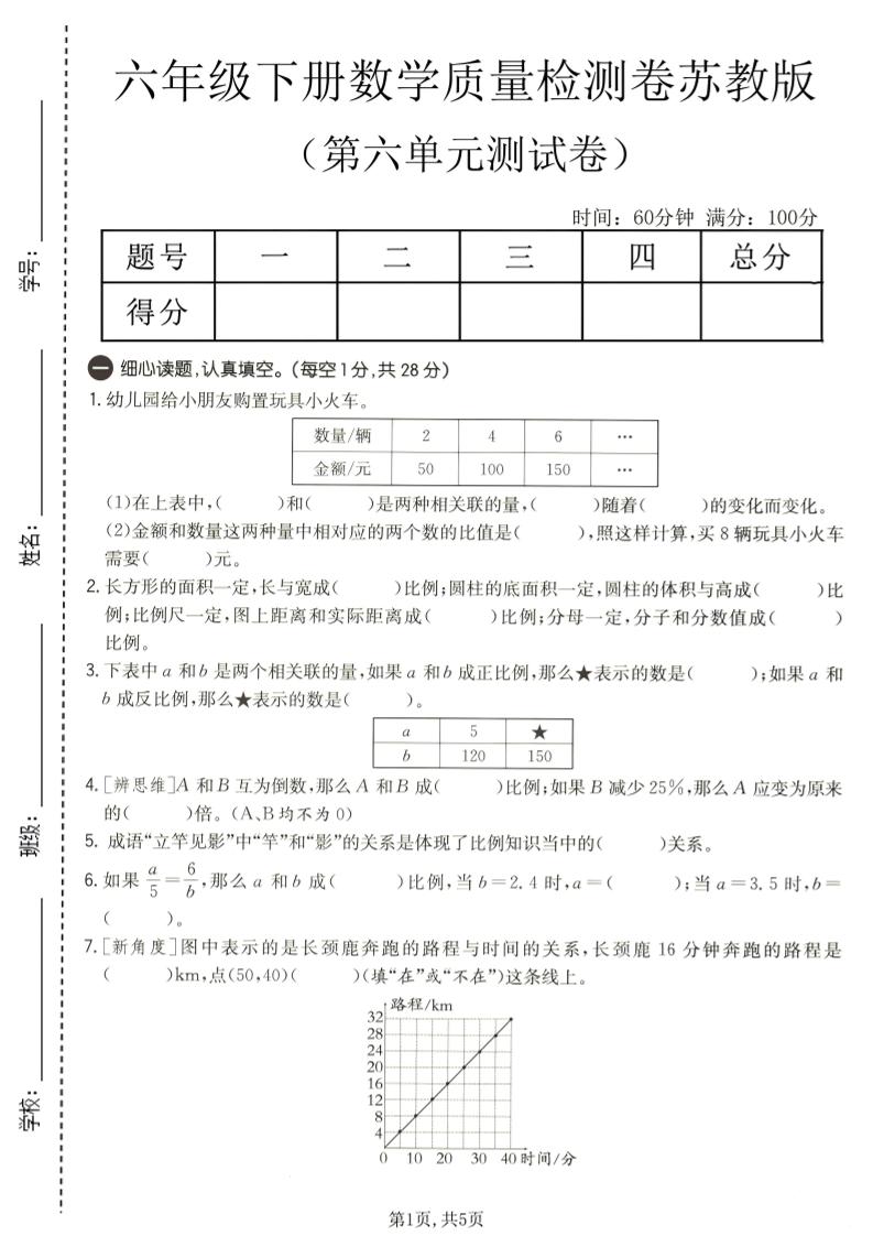 六年级下数学第六单元质量检测卷1《苏教版》-副业资源网