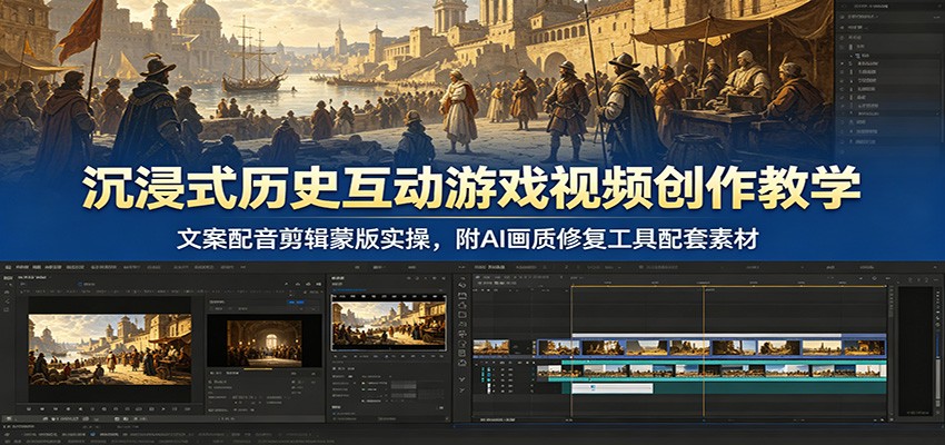 沉浸式历史互动游戏视频创作教学:文案配音剪辑蒙版实操,附AI画质修复工具配套素材-副业资源网