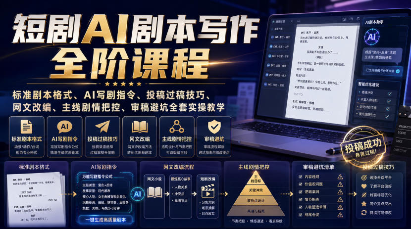 短剧AI剧本写作全阶课程｜标准剧本格式、AI写剧指令、投稿过稿技巧、网文改编、主线剧情把控、审稿避坑全套实操教学-副业资源网