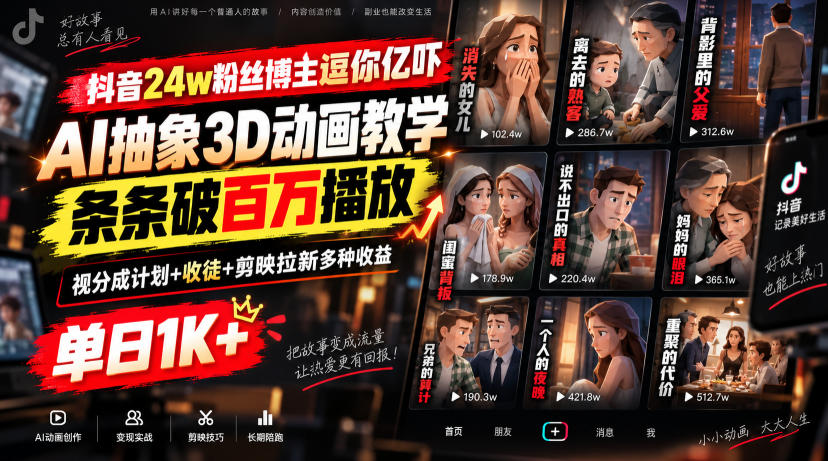 抖音24w粉丝博主逗你亿吓AI抽象3D动画教学，条条破百万播放，分成计划+收徒+剪映拉新多种收益，单日1K+-副业资源网
