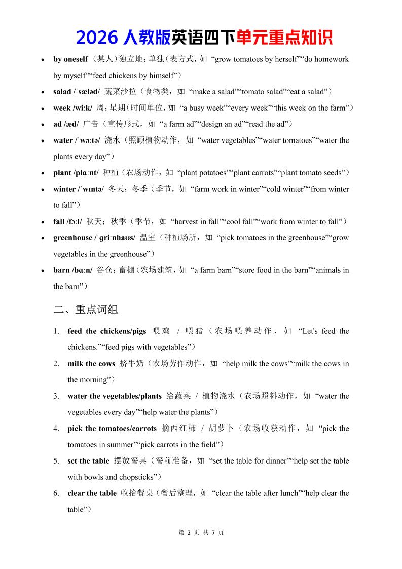 四年级下英语Unit6重点知识汇总《人教版PEP》