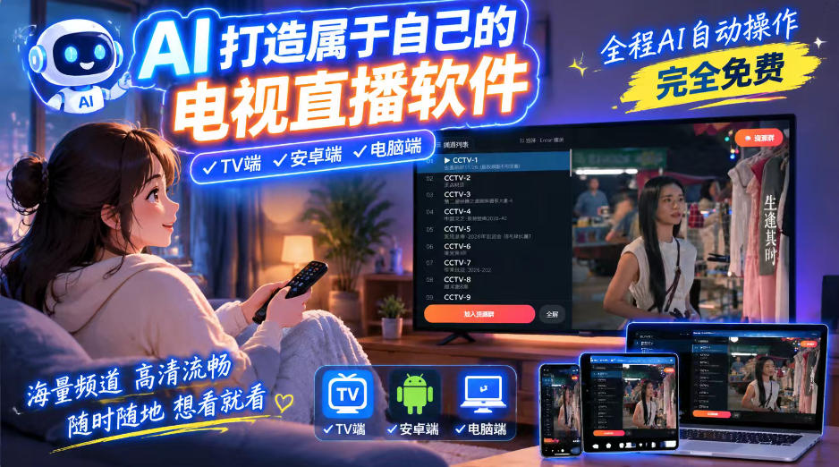 一个提示词，AI全自动做出电视直播软件，电脑、安卓、电视三端通用，完全免费，画质流畅不卡顿-副业资源网
