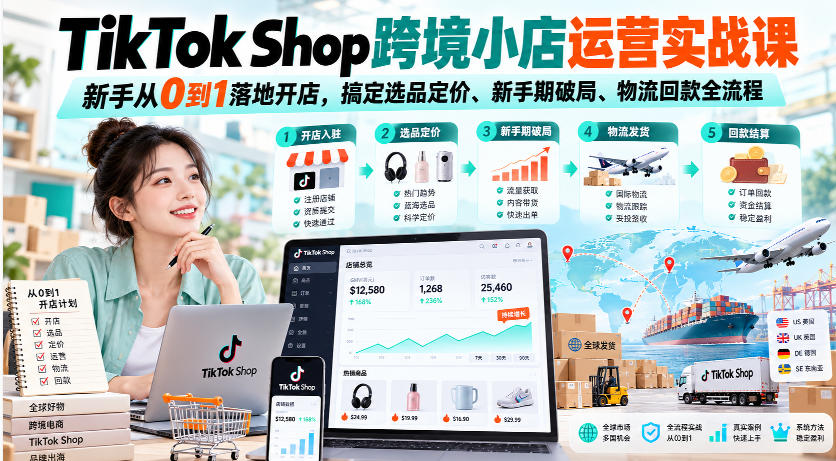 TikTok Shop跨境小店运营实战课，新手从0到1落地开店，搞定选品定价、新手期破局、物流回款全流程-副业资源网