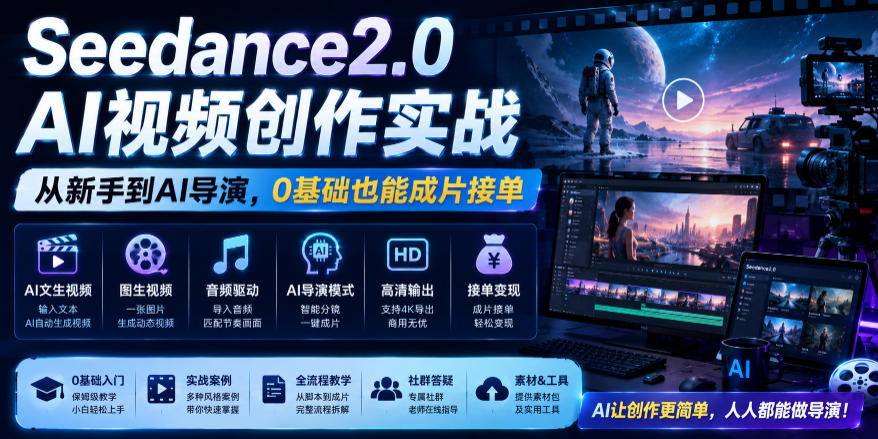 Seedance2.0 AI视频创作实战,从新手到AI导演,0基础也能成片接单变现-副业资源网