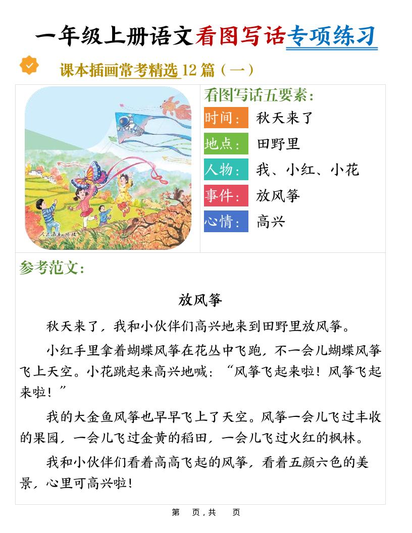 新一上语文看图写话专项练习常考精选12篇（含范文24页）-副业资源网