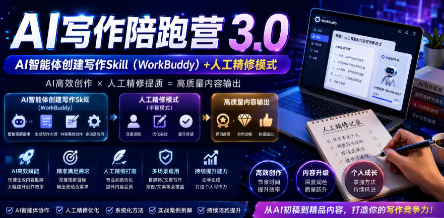 AI写作陪跑营3.0,Ai智能体创建写作skill(workbuddy)+人工手写模式(手搓模式),去除AI痕迹(头条号、公众号、百家号)(更新0730)-副业资源网