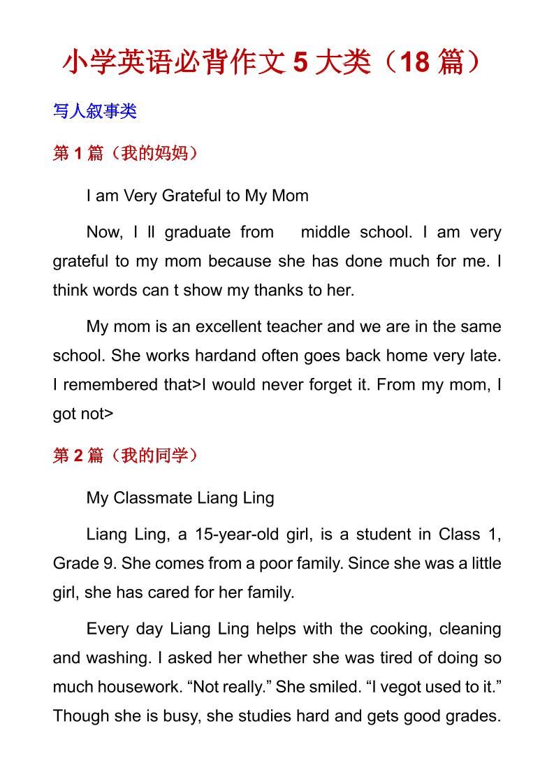 六年级下英语必背作文5大类（18篇）-副业资源网