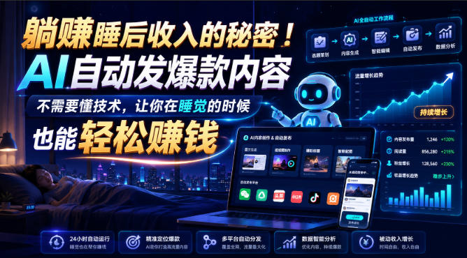 躺賺睡后收入的秘密！AI自动发爆款内容，不需要懂技术，让你在睡觉的时候也能轻松賺钱【原创双语字幕】-副业资源网
