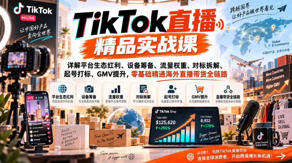 TikTok直播精品实战课，详解平台生态红利、设备筹备、流量权重、对标拆解、起号打标、GMV提升，零基础精通海外直播带货全链路-副业资源网