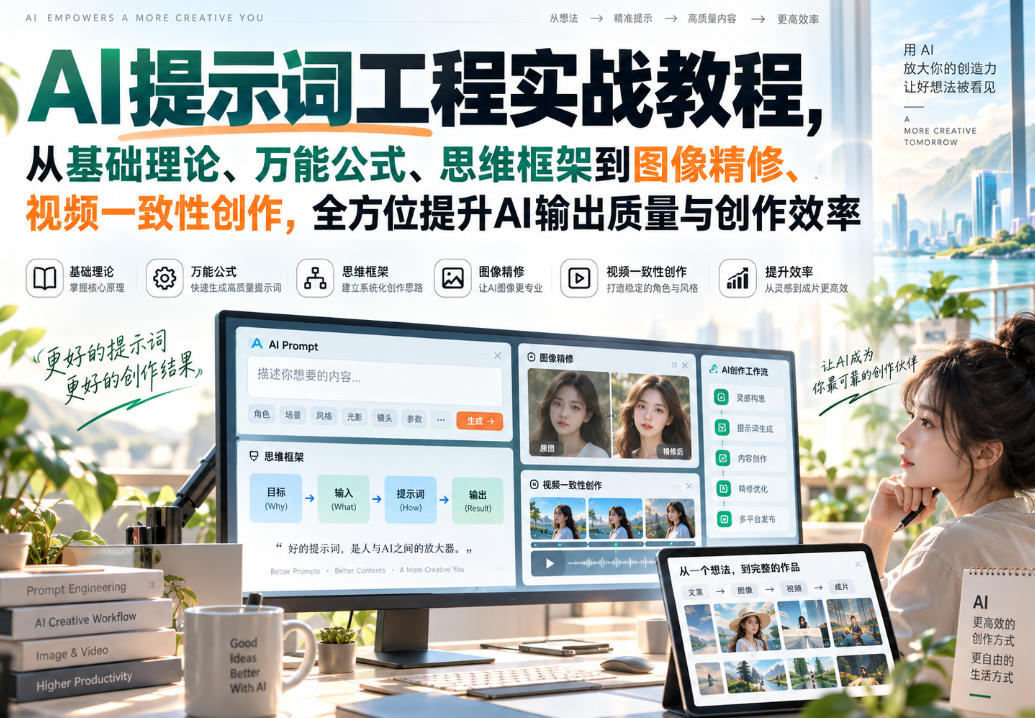 AI提示词工程实战教程，从基础理论、万能公式、思维框架到图像精修、视频一致性创作，全方位提升AI输出质量与创作效率-副业资源网