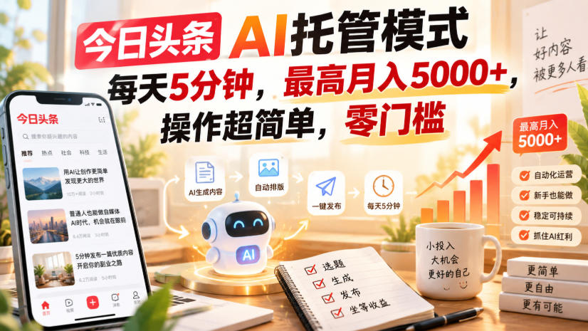 今日头条AI托管模式，每天5分钟，最高月入5000+，操作超简单，零门槛【揭秘】-副业资源网