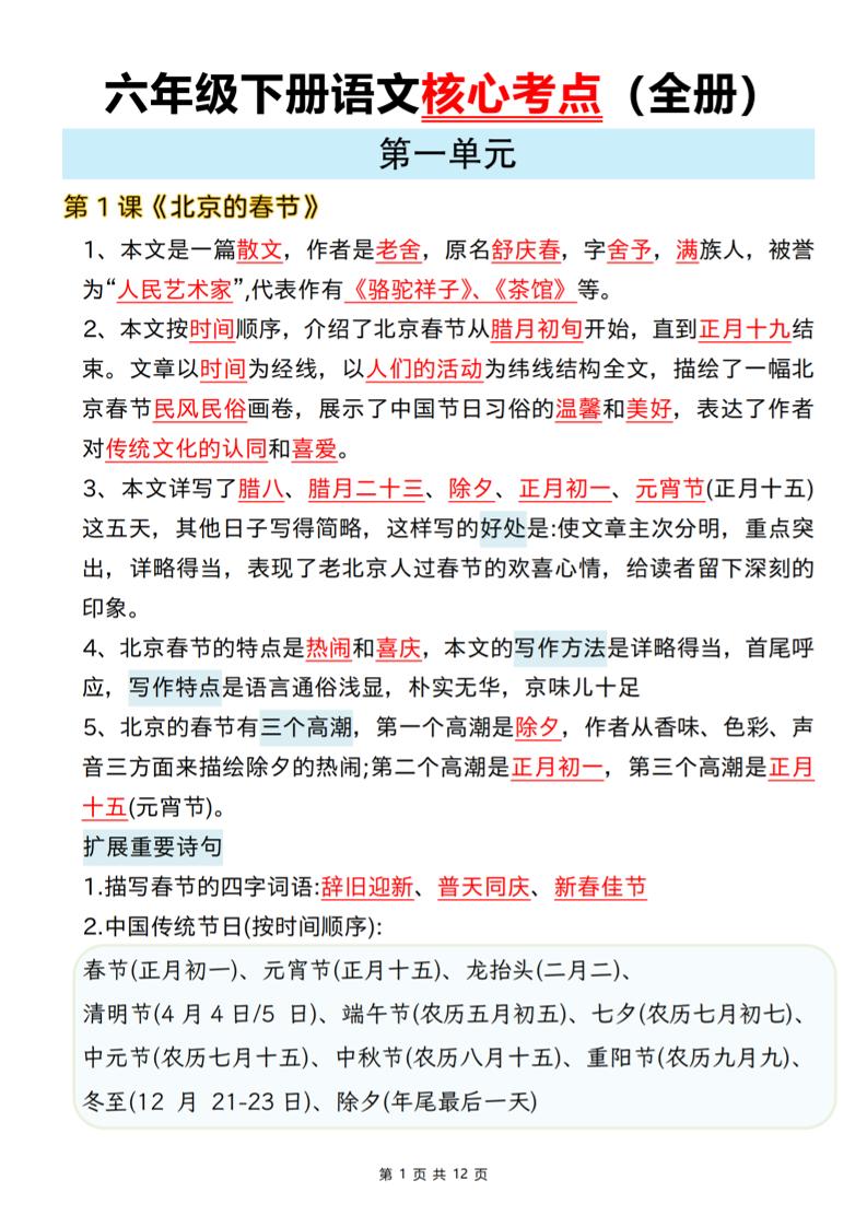 六年级下语文期末全册课文核心考点-副业资源网