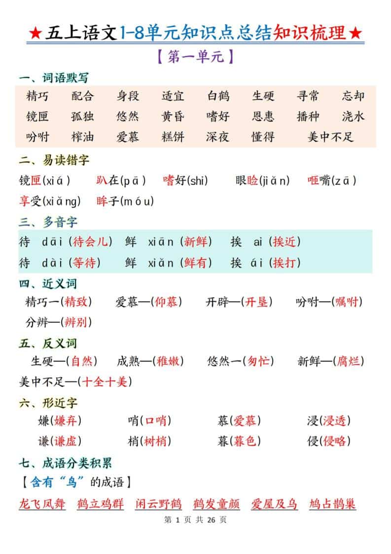 五年级上语文1-8单元知识点总结知识梳理-副业资源网