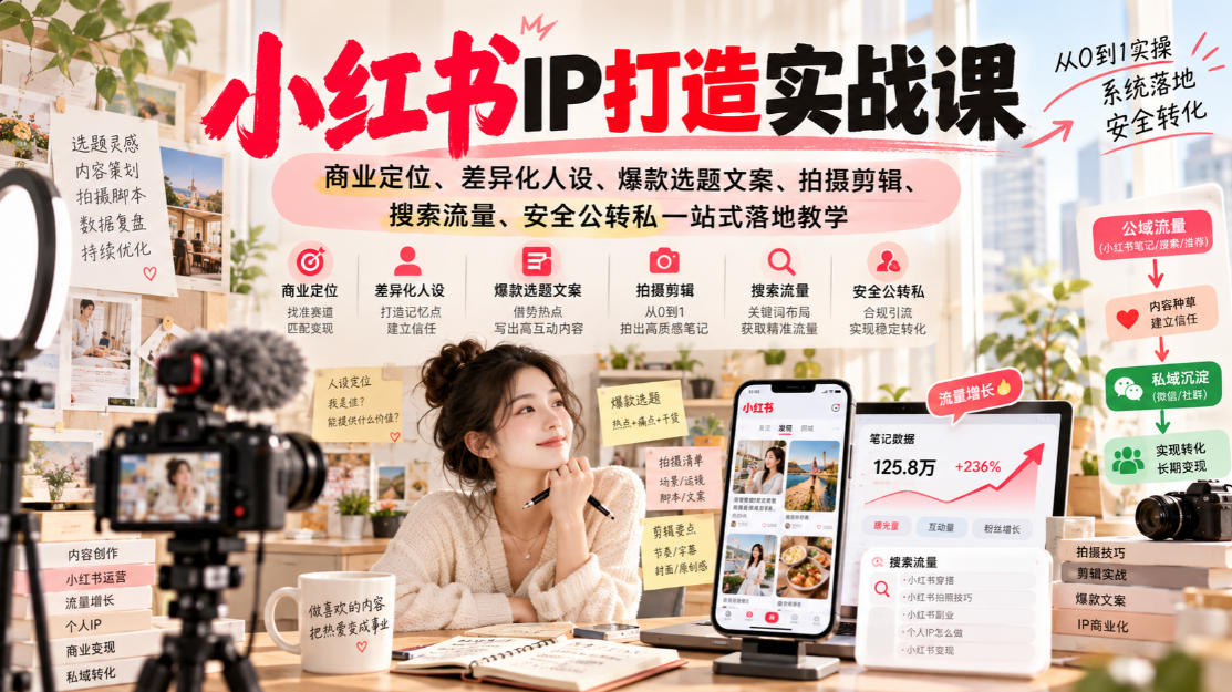 小红书ip打造实战课,商业定位、差异化人设、爆款选题文案、拍摄剪辑、搜索流量、安全公转私一站式落地教学 小红书ip打造实战课,商业定位、差异化人设、爆款选题文案、拍摄剪辑、搜索流量、安全公转私一站式落地教学