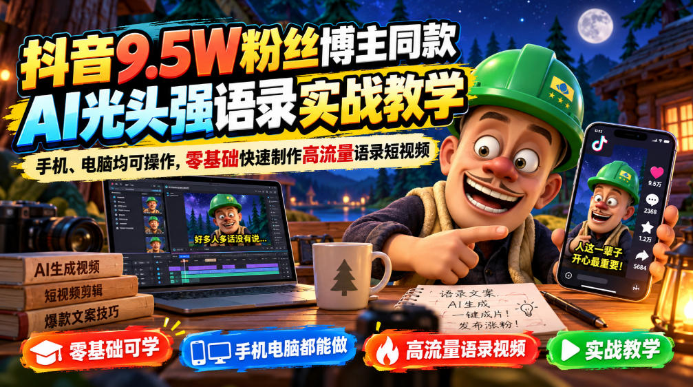 抖音9.5W粉丝博主同款AI光头强语录实战教学，手机、电脑均可操作，零基础快速制作高流量语录短视频-副业资源网