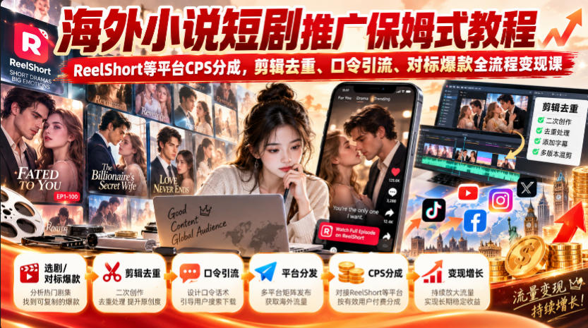 海外小说短剧推广保姆式教程｜ReelShort等平台CPS分成，剪辑去重、口令引流、对标爆款全流程变现课-副业资源网