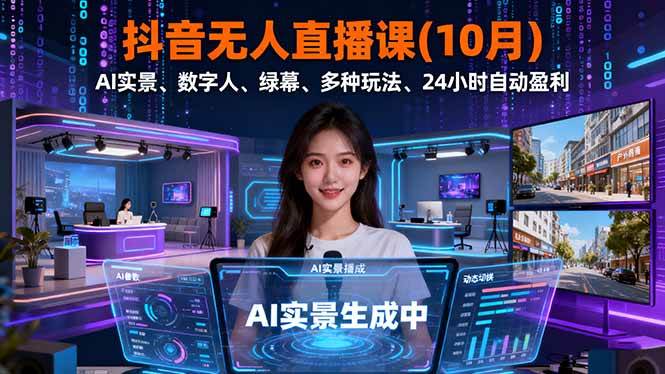 （16355期）抖音无人直播课(10月)，AI实景、数字人、绿幕、多种玩法、24小时自动盈利-副业资源网
